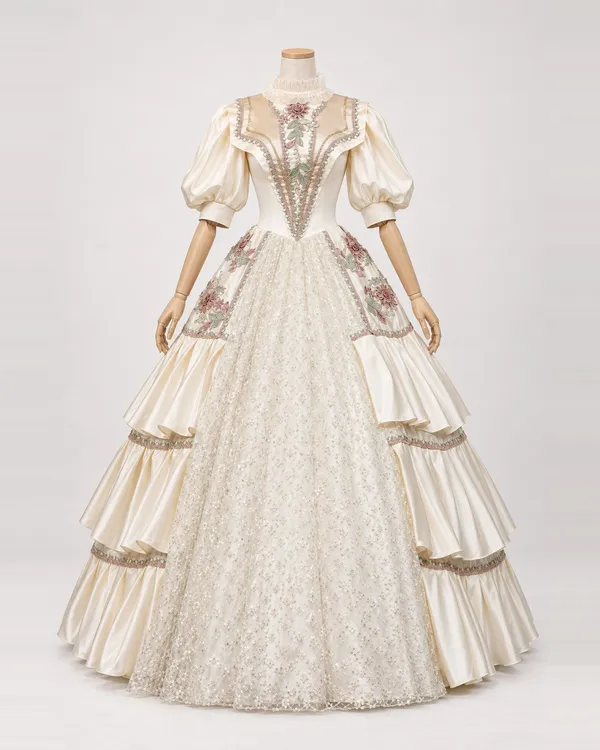 Camille Treillage — Cream Gown with Floral Trim and Lattice Lace Front