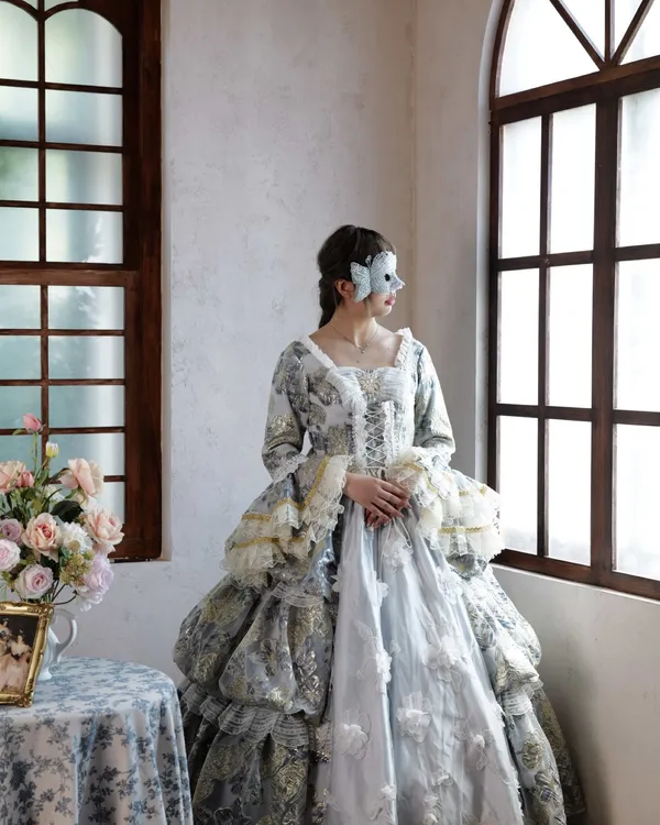Silver Versailles — Grey Brocade Rococo Gown with Lace-Up Bodice