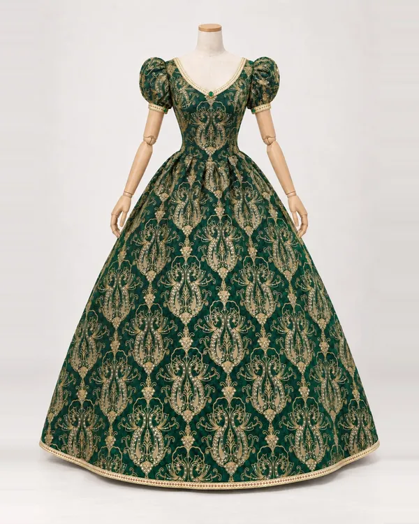 Émeraude Impériale — Emerald and Gold Damask Ball Gown