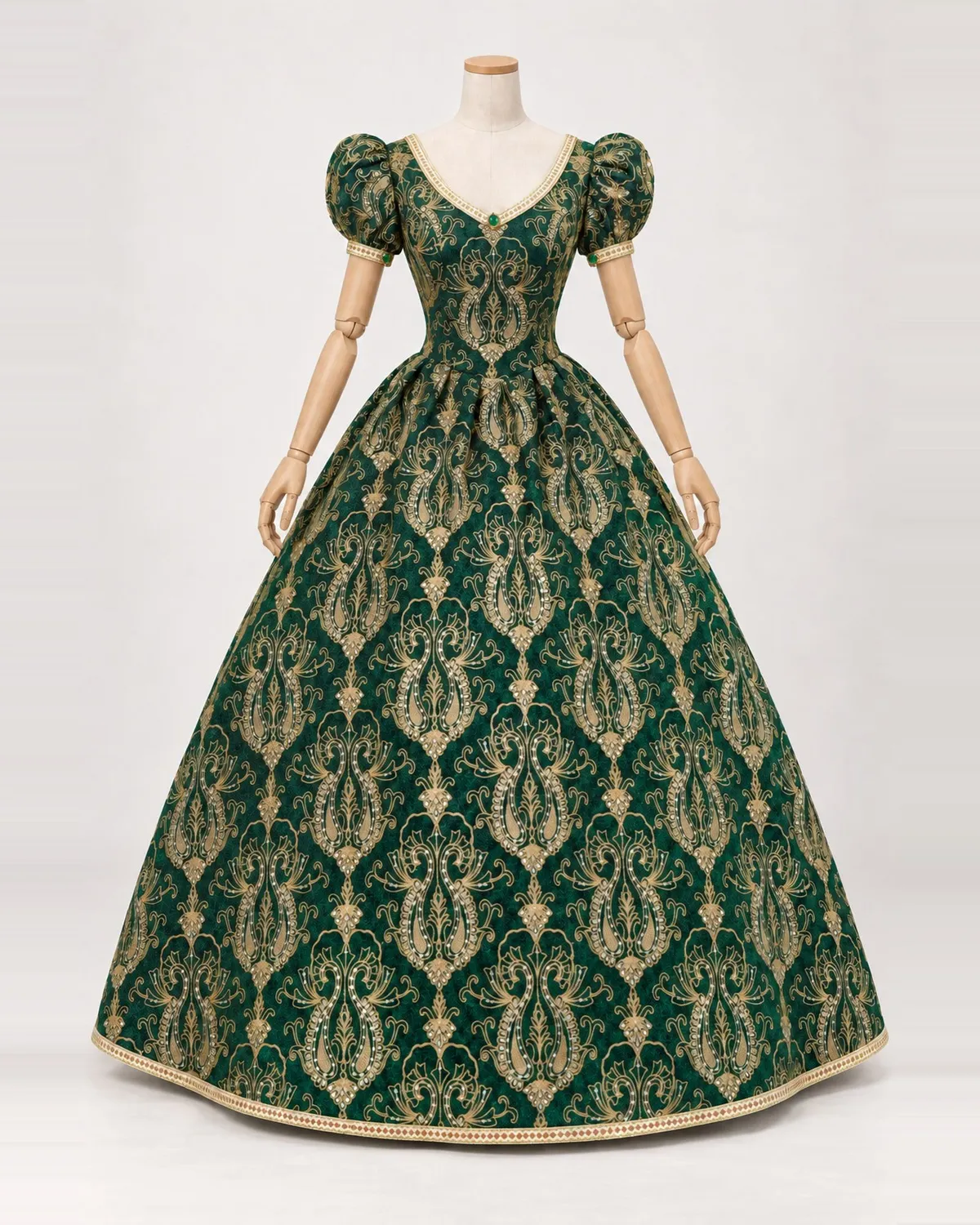 Émeraude Impériale green and gold damask ball gown on a mannequin, front product view