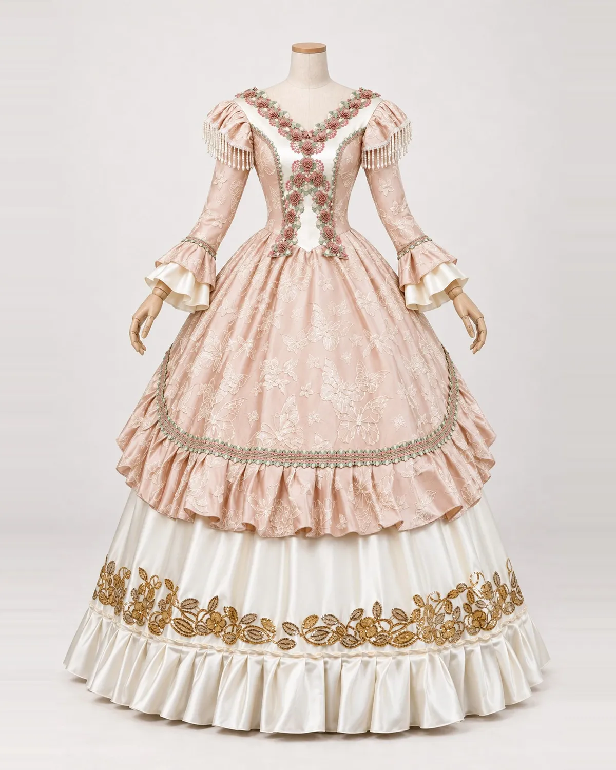 Pivoine Poudrée dusty pink jacquard gown on a mannequin, front product view