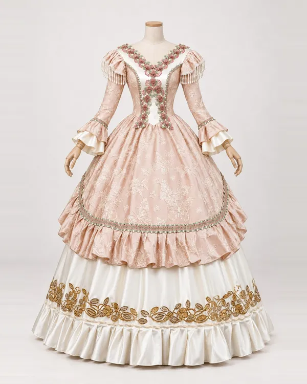 Pivoine Poudrée — Dusty Pink Jacquard Gown with Gold-Banded Hem