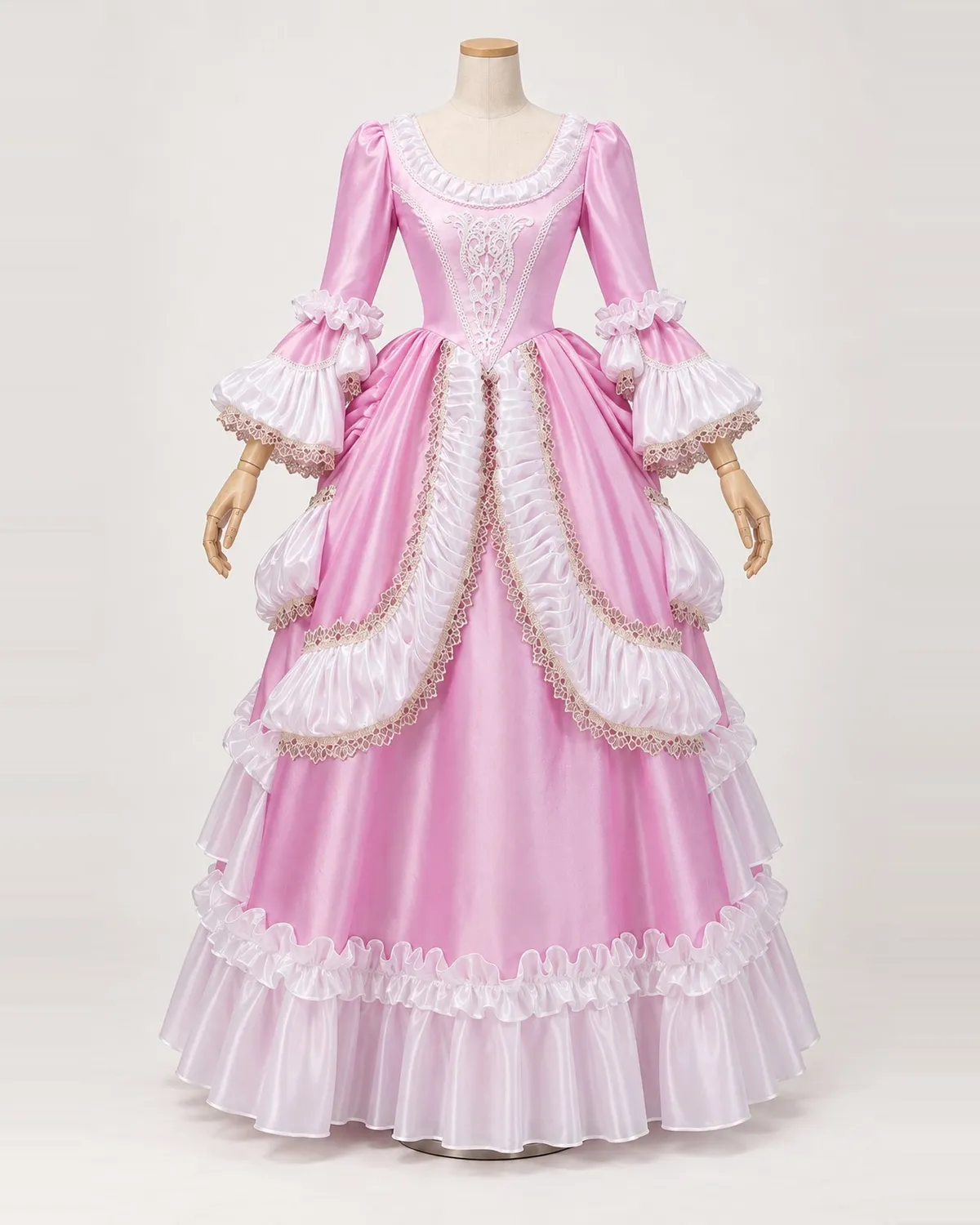 Ruban Tendre — Pink Satin-Look Gown with White Ruffled Overskirt — shown on a mannequin, front product view