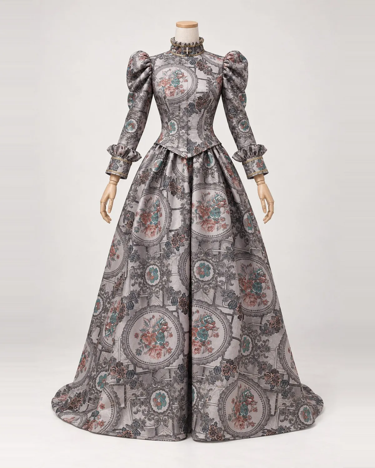 Médaillon Cendré — Grey Floral-Medallion Gown with High Collar — shown on a mannequin, front product view