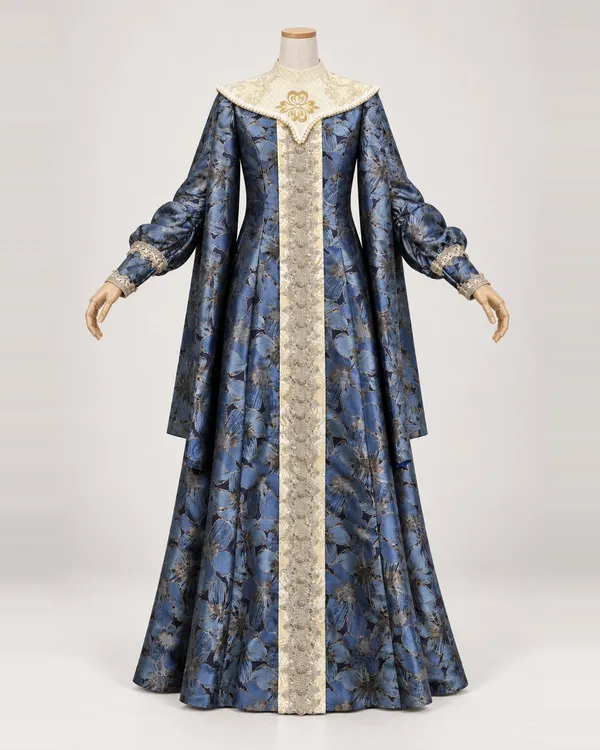 Iris Souverain — Blue Floral Gown with Ivory Pointed Yoke