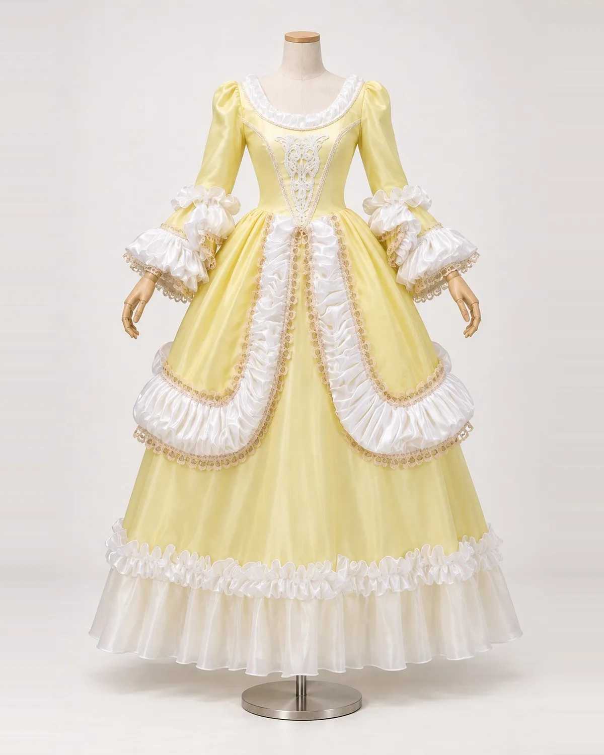 Citron Meringué — Pale Yellow Satin-Look Gown with White Ruffles — shown on a mannequin, front product view