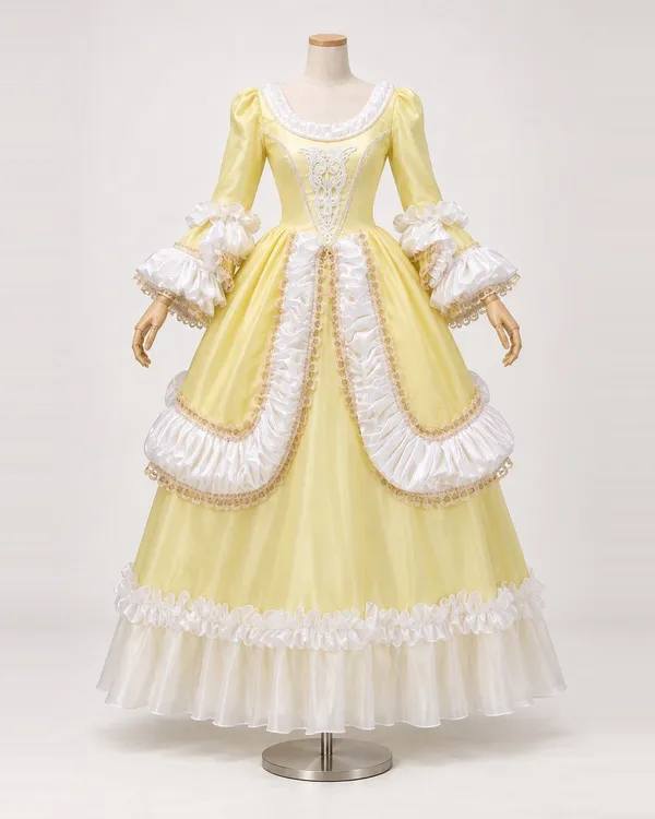 Citron Meringué — Pale Yellow Satin-Look Gown with White Ruffles