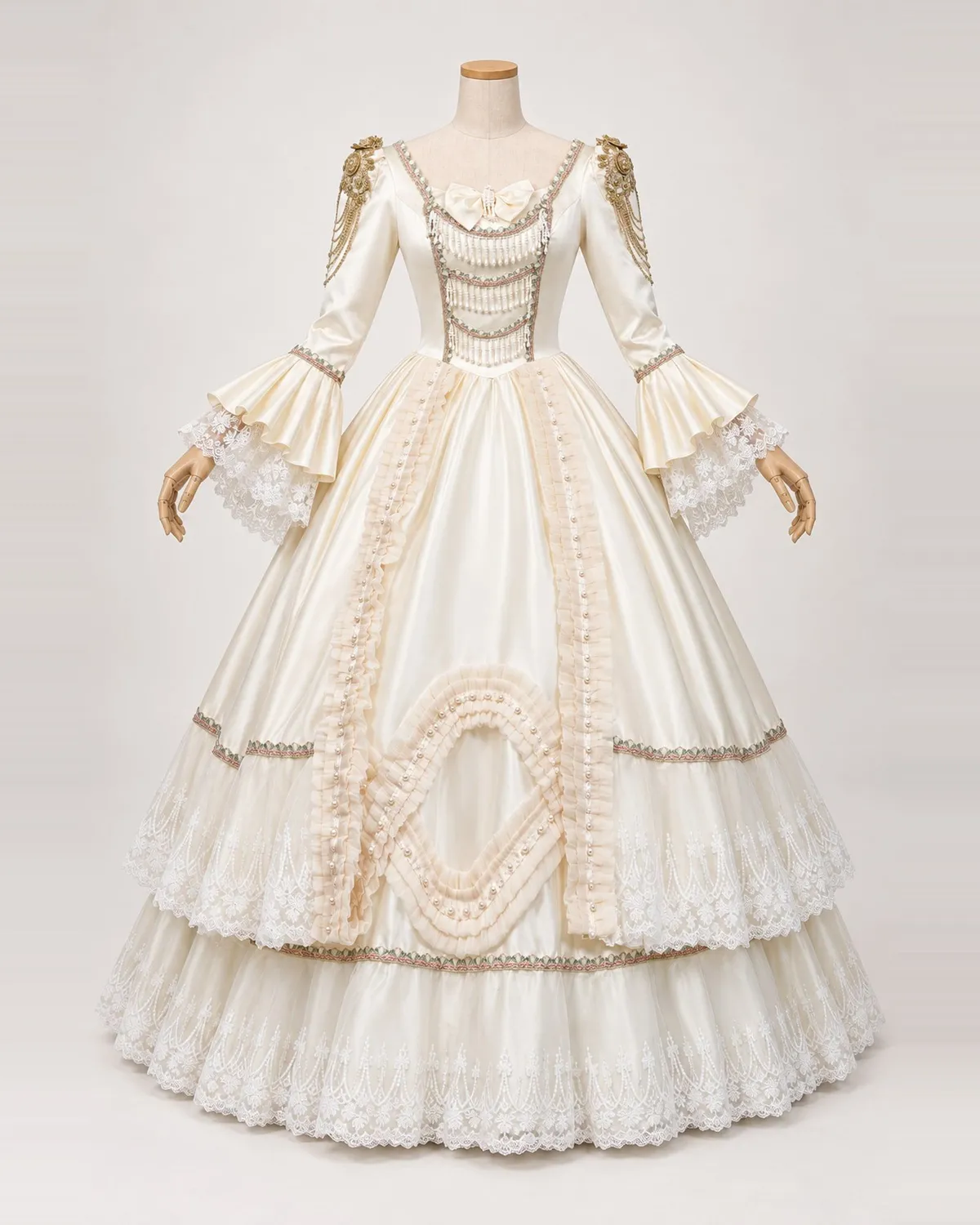 Perle d'Ivoire ivory satin ball gown on a mannequin, front product view