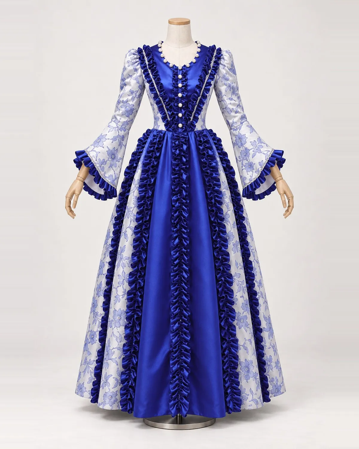 Faïence Royale — Royal Blue and White Floral Gown with Vertical Ruffles — shown on a mannequin, front product view