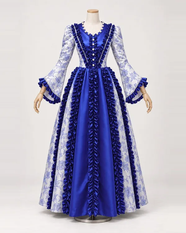 Faïence Royale — Royal Blue and White Floral Gown with Vertical Ruffles