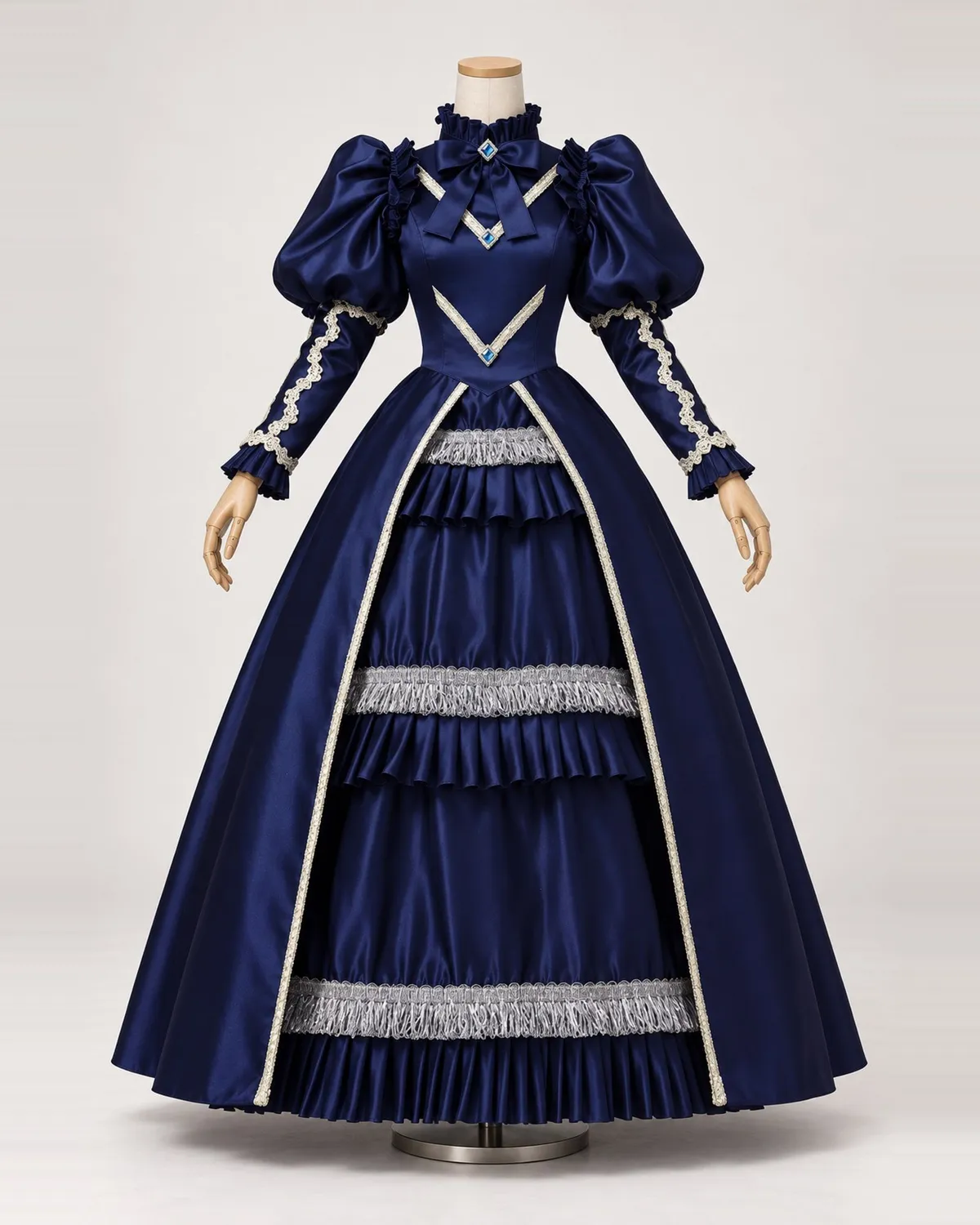 Nocturne Royal — Navy Satin-Look Gown with Puff Sleeves and Fringed Front — shown on a mannequin, front product view