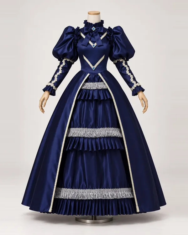 Nocturne Royal — Navy Satin-Look Gown with Puff Sleeves and Fringed Front