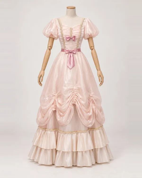 Ninon Rosée — Blush Pink Gown with Bows and Gathered Skirt Swags
