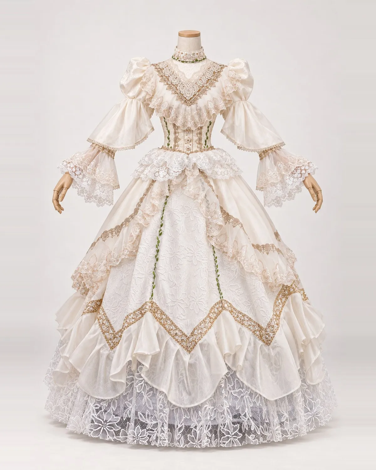 Arabesque Crème — Cream Lace Ball Gown with Gold-Edged Petal Layers — shown on a mannequin, front product view