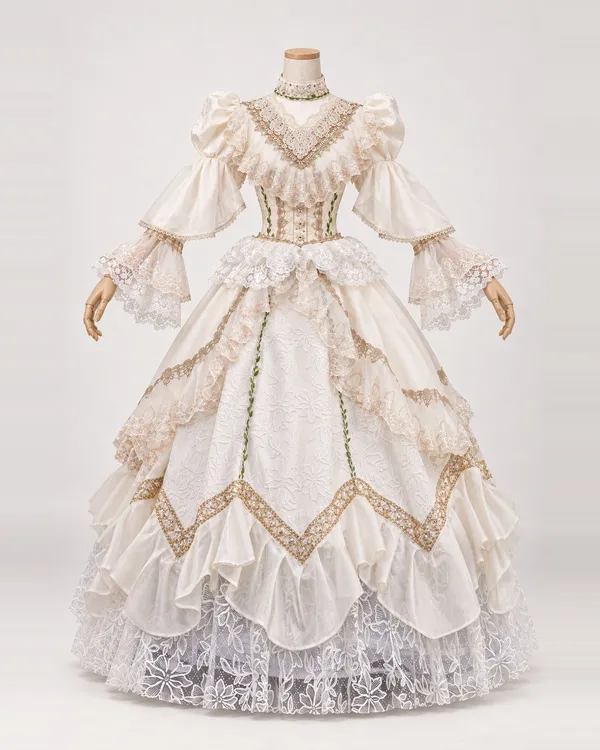 Arabesque Crème — Cream Lace Ball Gown with Gold-Edged Petal Layers