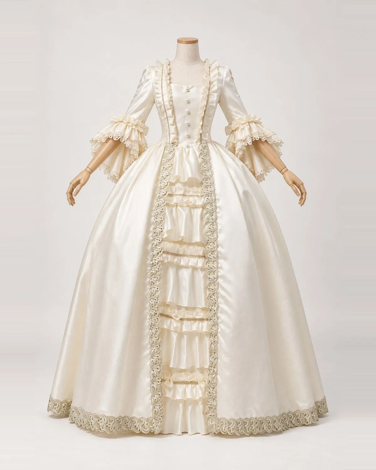 Constance Ivoire — Ivory Satin-Look Ball Gown with Gold Scroll Borders — shown on a mannequin, front product view