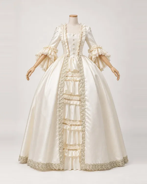 Constance Ivoire — Ivory Satin-Look Ball Gown with Gold Scroll Borders