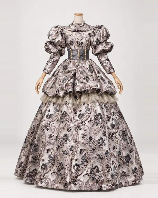 Élise Fumée — Champagne-Grey Floral Gown with Puffed Peplum