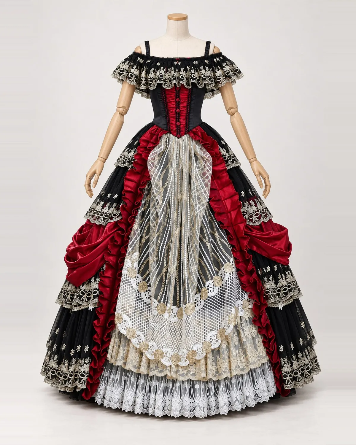 Carmen Dentelle — Black and Red Tiered Gown with Ivory Lace — shown on a mannequin, front product view