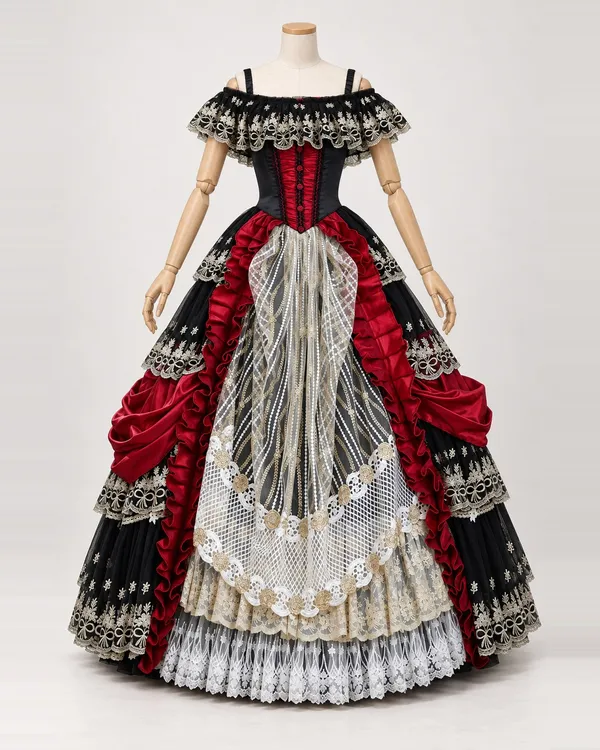 Carmen Dentelle — Black and Red Tiered Gown with Ivory Lace