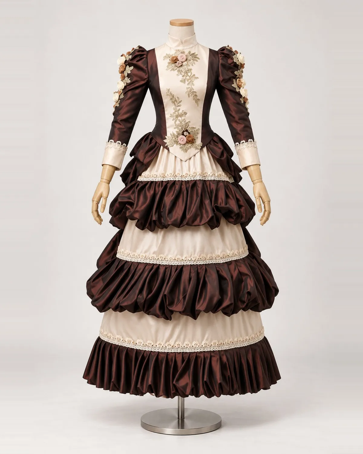 Châtaigne Fleurie — Brown and Cream Satin-Look Gown with Puffed Tiers — shown on a mannequin, front product view