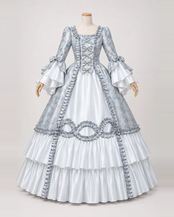 Guirlande Boréale — Silver-Blue Floral Gown with Bows and Ruffled Loops