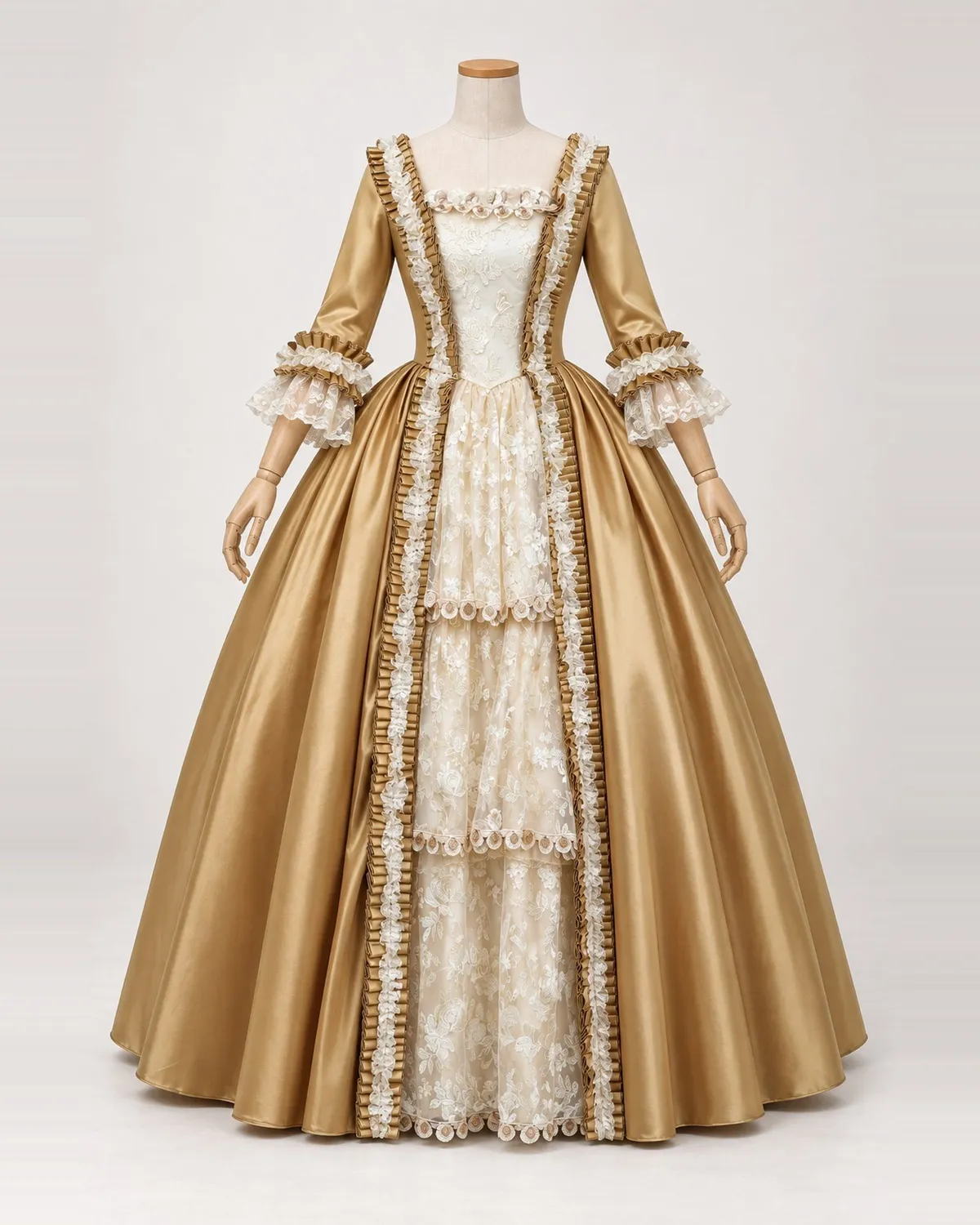 Lumière d'Or antique gold satin gown on a mannequin, front product view