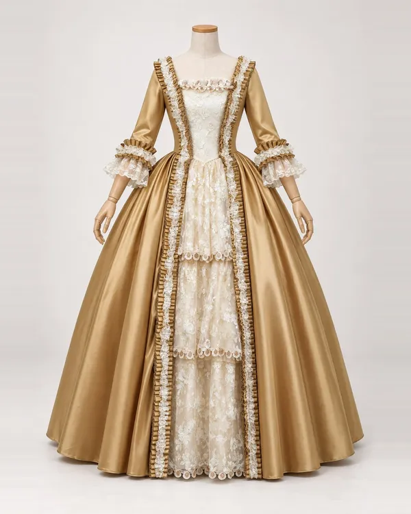 Lumière d'Or — Antique Gold Satin Gown with Cream Lace Cascade