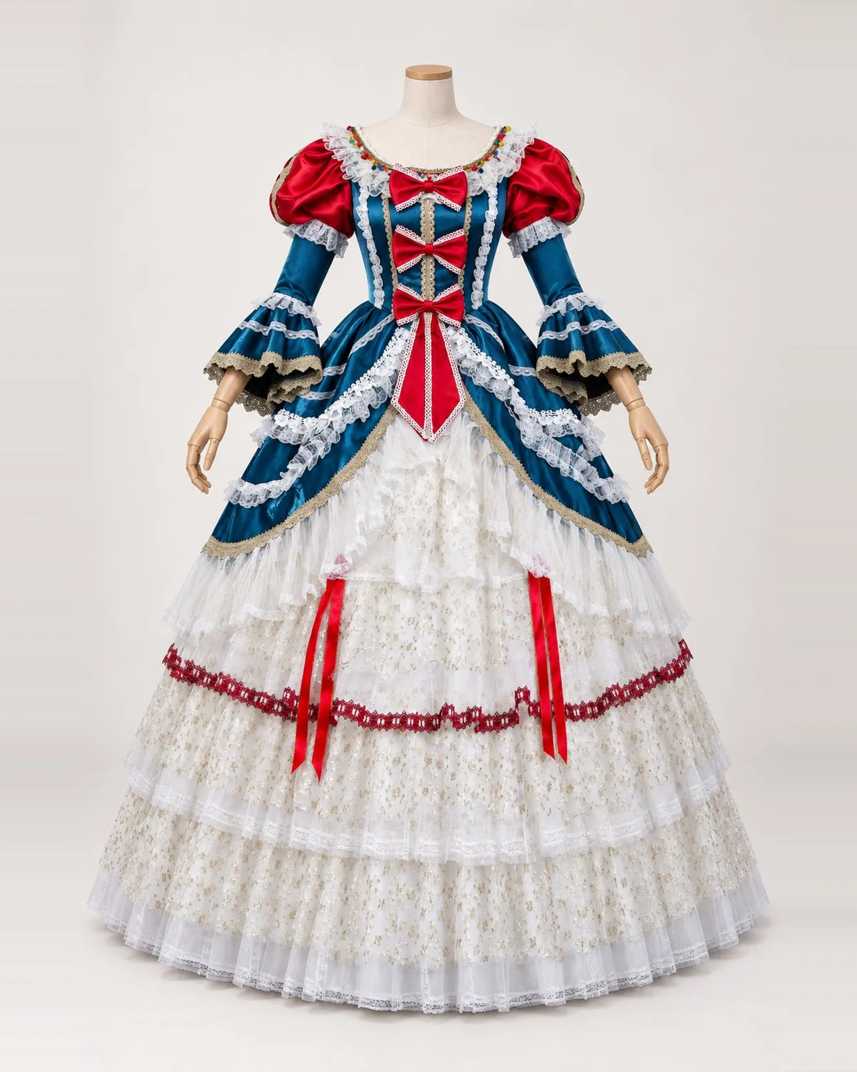 Rubans Tricolores — Blue, Red and White Gown with Bow-Trimmed Bodice — shown on a mannequin, front product view