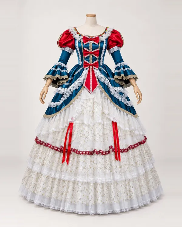 Rubans Tricolores — Blue, Red and White Gown with Bow-Trimmed Bodice