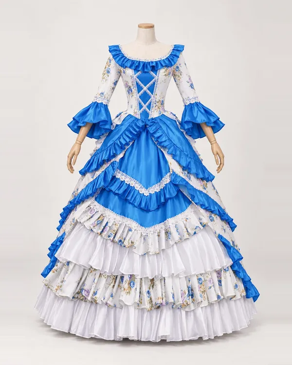 Bleuets en Fête — Bright Blue and White Floral Tiered Gown