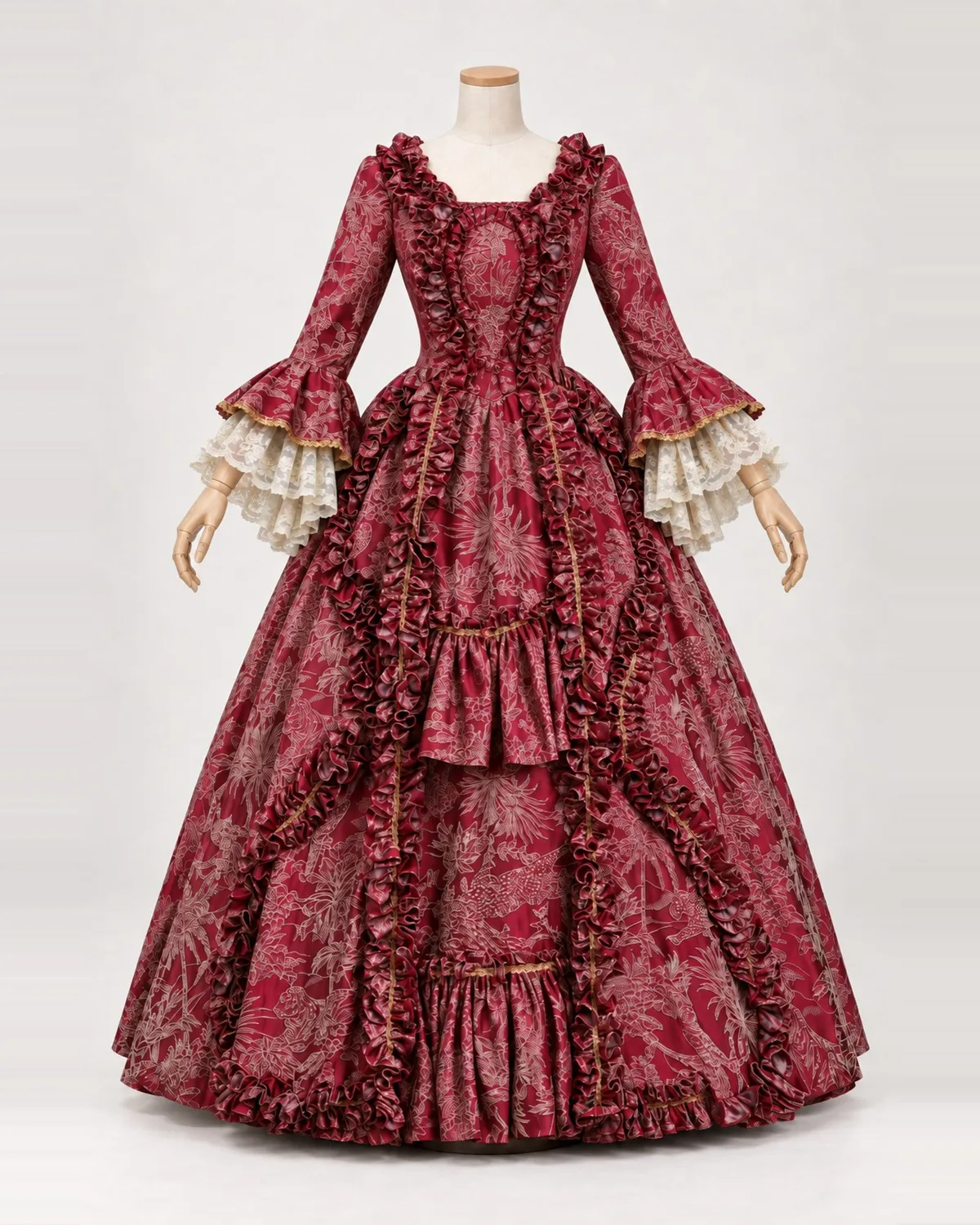 Grenat Volute — Deep Red Floral Gown with Cascading Ruffles — shown on a mannequin, front product view