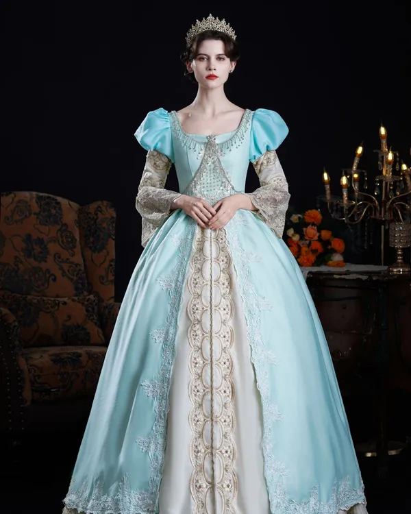 Aqua Sérénade — Aqua Satin Ball Gown with Gold Lace Panel