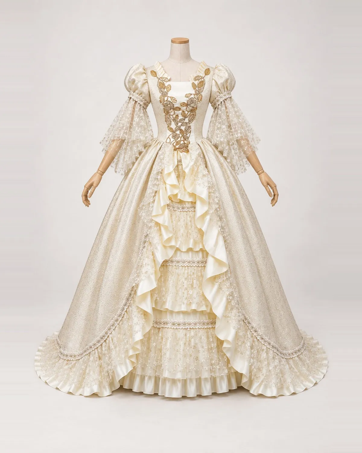 Liane Dorée — Champagne Jacquard Gown with Gold Vine Appliqué — shown on a mannequin, front product view