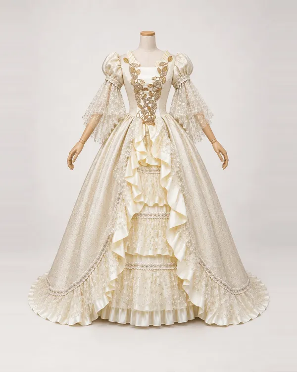 Liane Dorée — Champagne Jacquard Gown with Gold Vine Appliqué