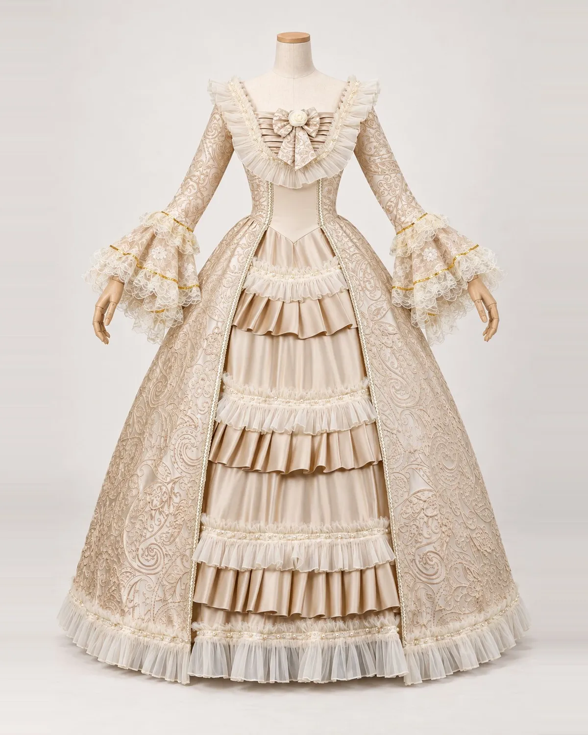 Harmonie Dorée — Champagne Scrollwork Gown with Ivory Ruffles and Lace Cuffs — shown on a mannequin, front product view