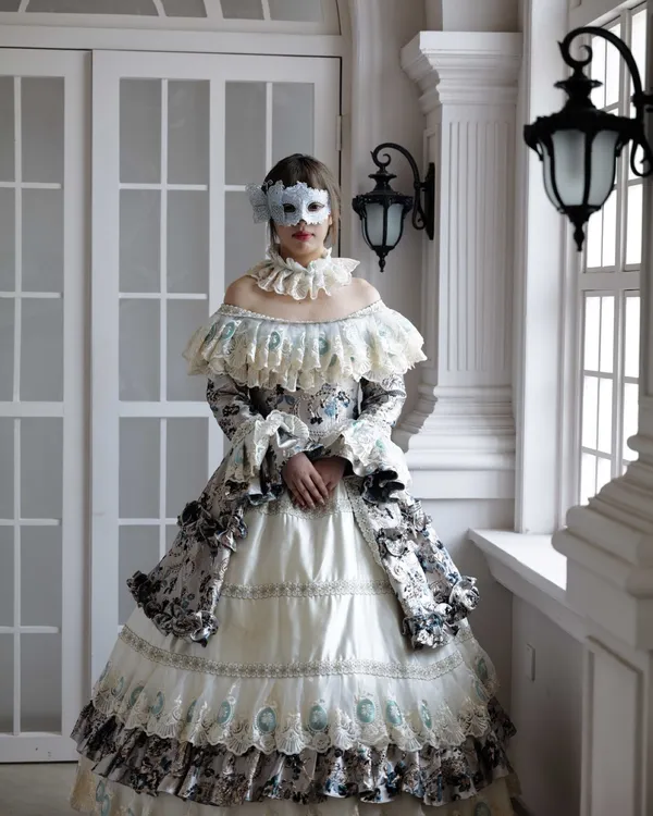Cameo Duchess — Ivory & Steel Blue Off-Shoulder Victorian Gown