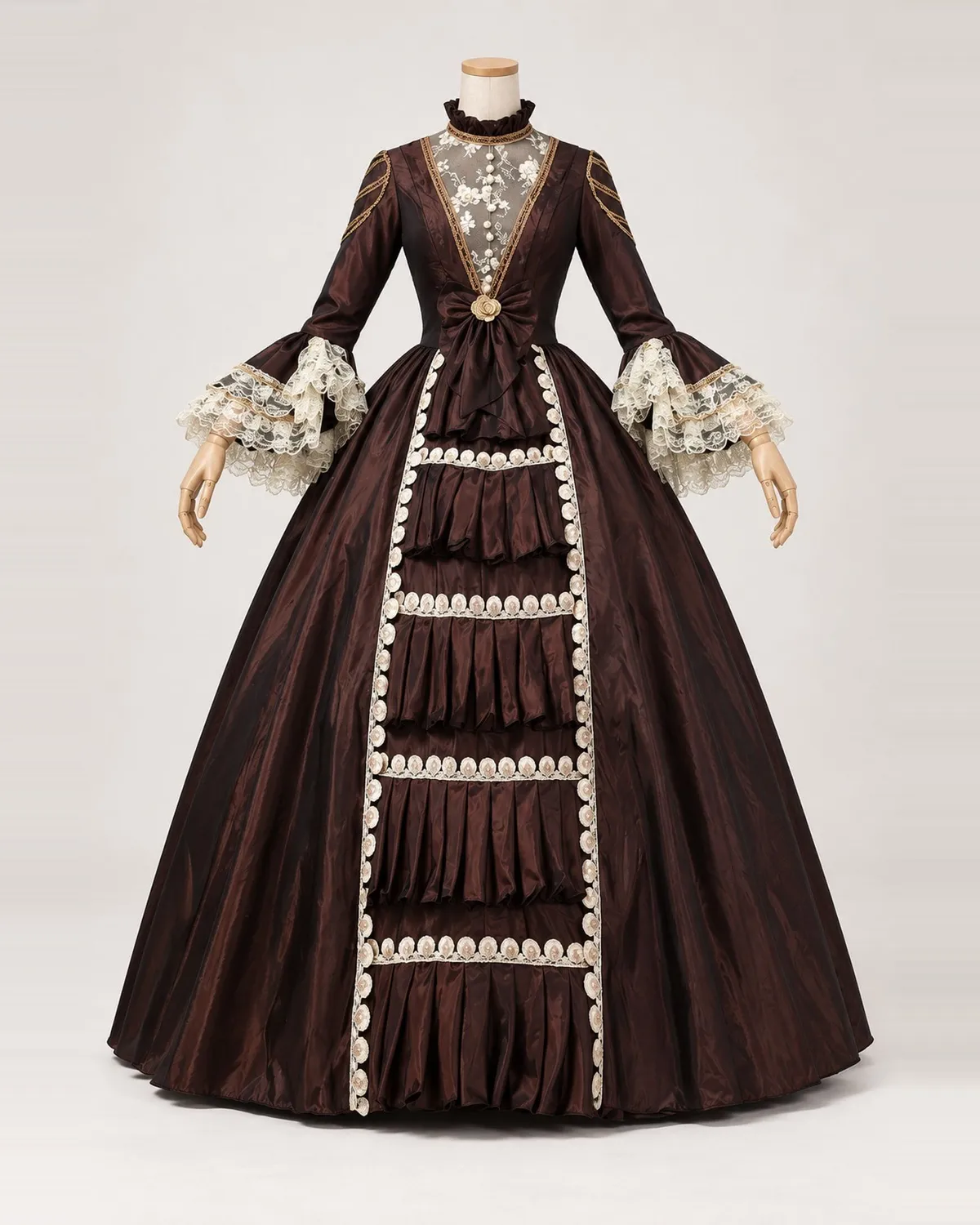 Chocolat Impérial — Dark Brown Sheen Gown with Ivory Lace and Front Tiers — shown on a mannequin, front product view