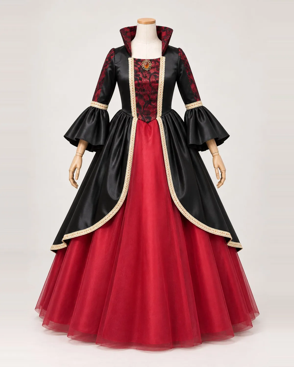 Carmine Impériale — Black and Red Gown with Raised Collar and Bell Sleeves — shown on a mannequin, front product view
