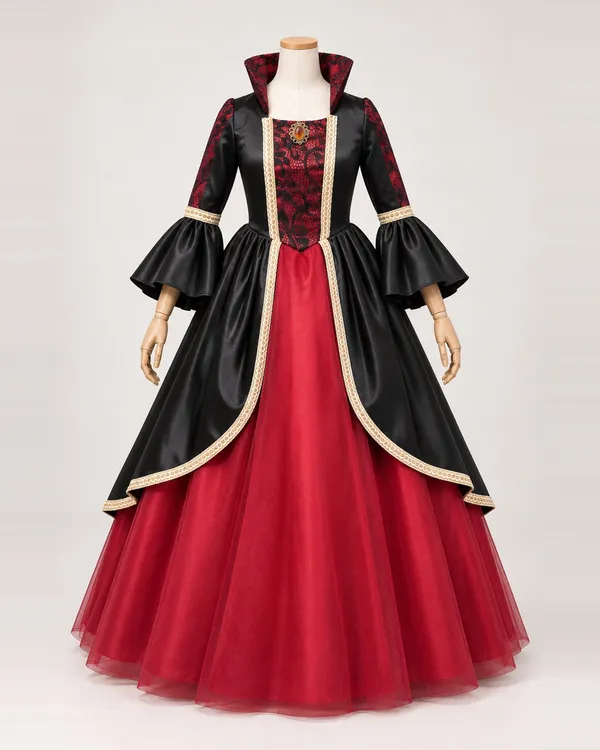 Carmine Impériale — Black and Red Gown with Raised Collar and Bell Sleeves
