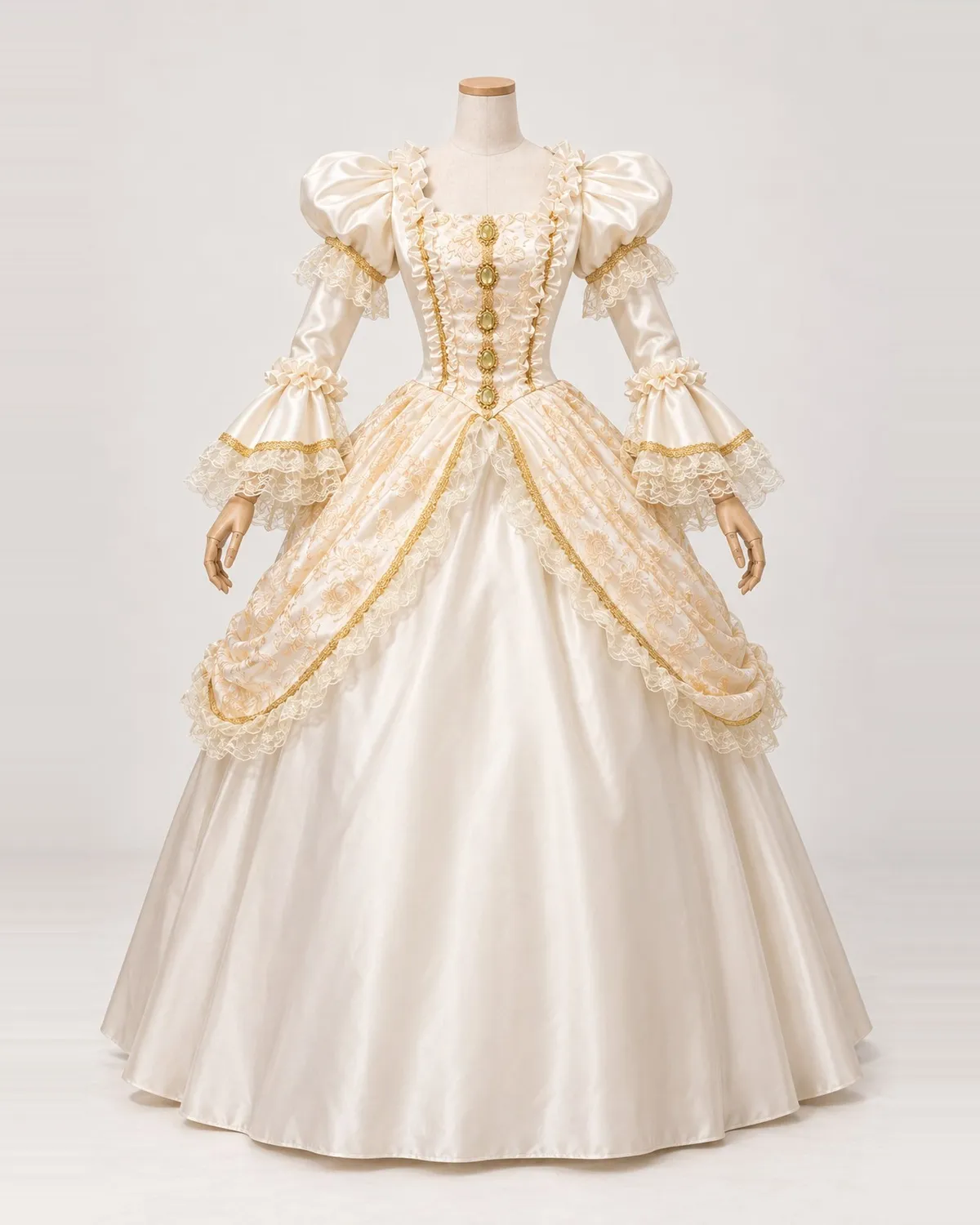 Médaillon Ambré — Ivory and Gold Floral Gown with Ornamental Medallions — shown on a mannequin, front product view