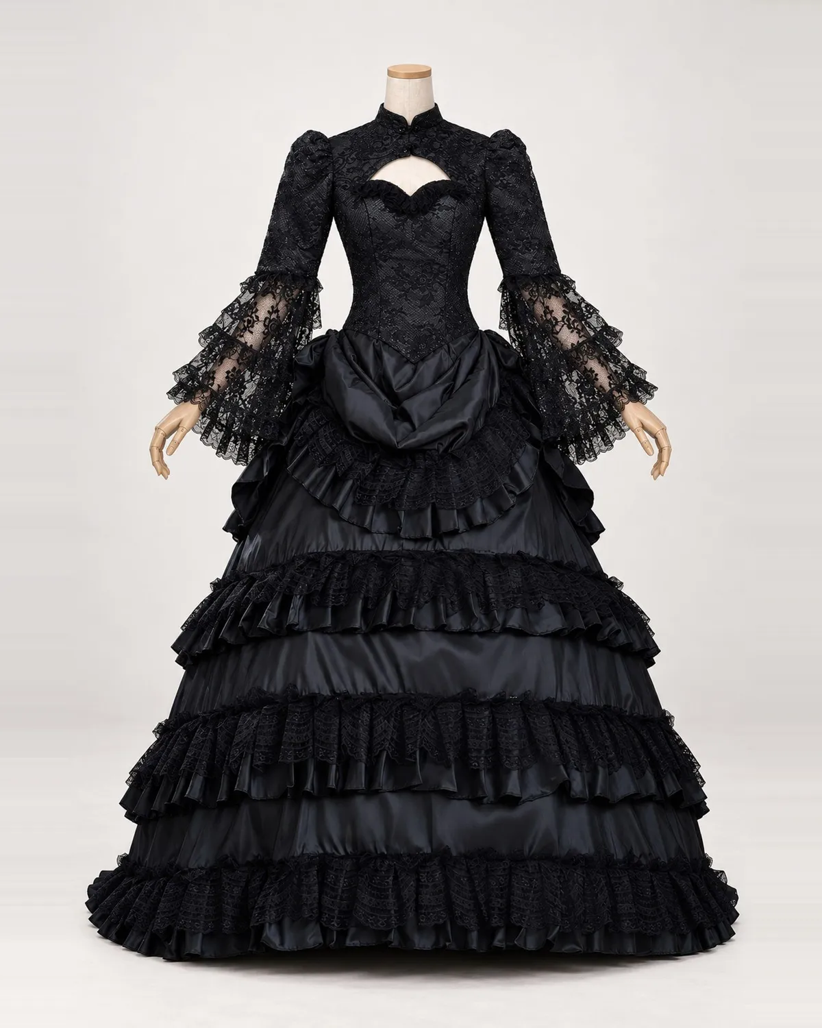 Onyx Dentelle — Black Lace Gown with Keyhole Neckline and Tiered Skirt — shown on a mannequin, front product view