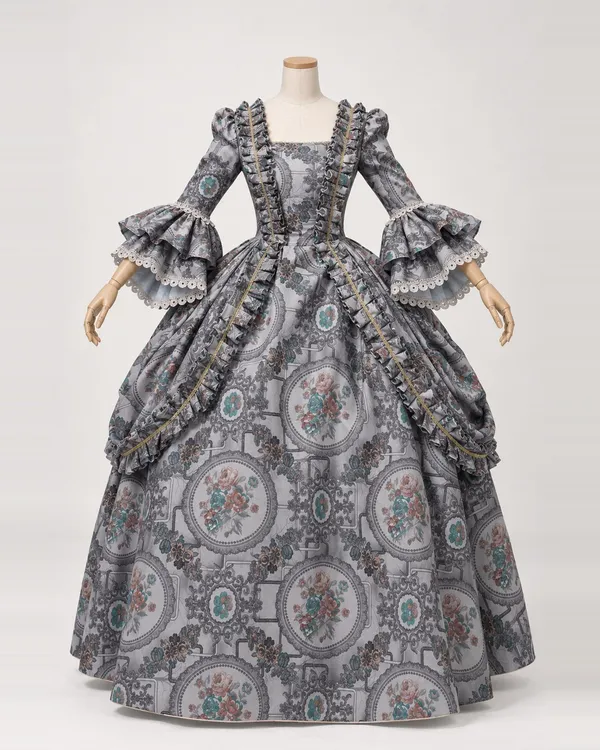 Galerie Brumeuse — Grey Floral Medallion Gown with Draped Side Panels
