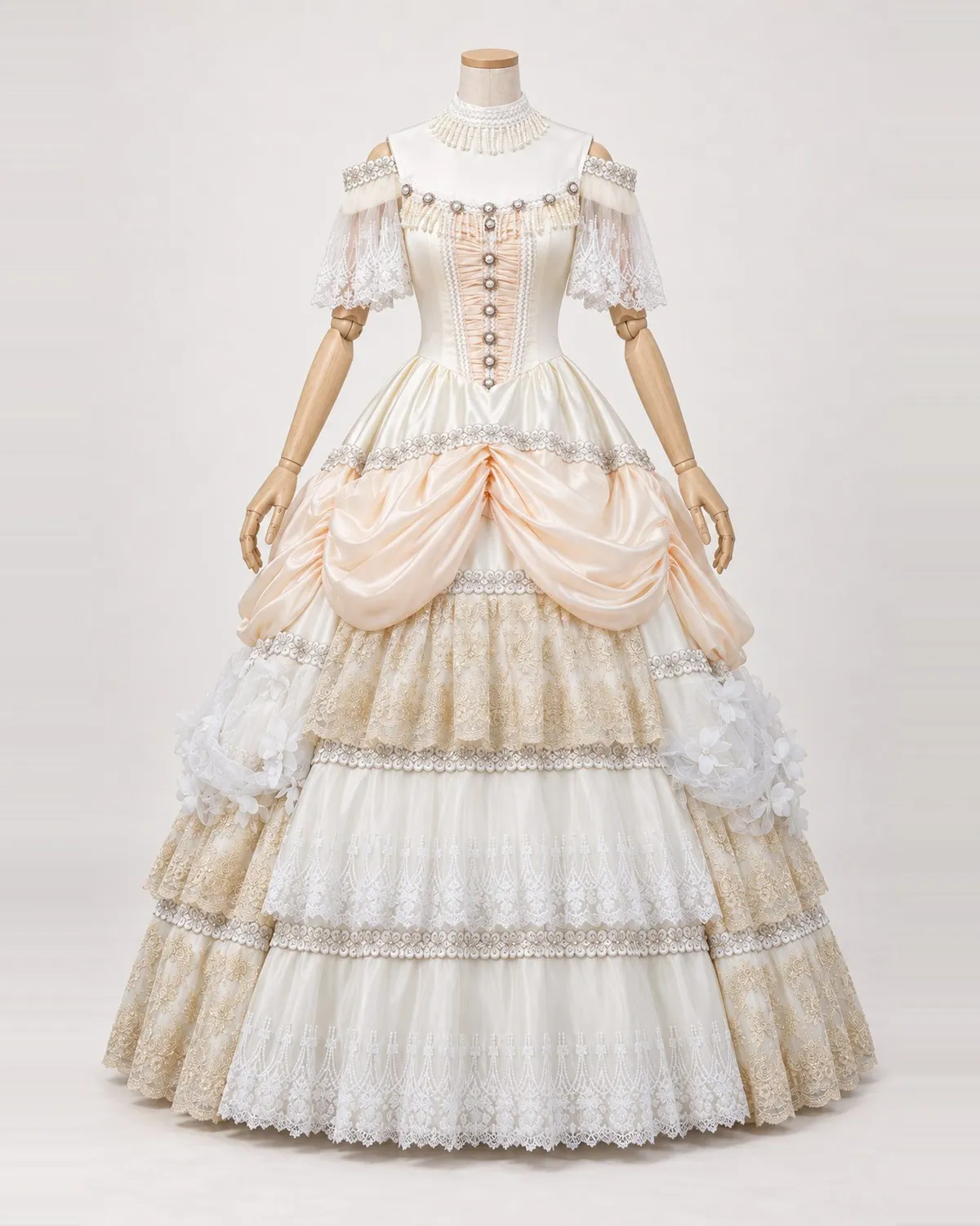 Églantine Nuptiale — White and Champagne Lace Gown with Floral Swags — shown on a mannequin, front product view