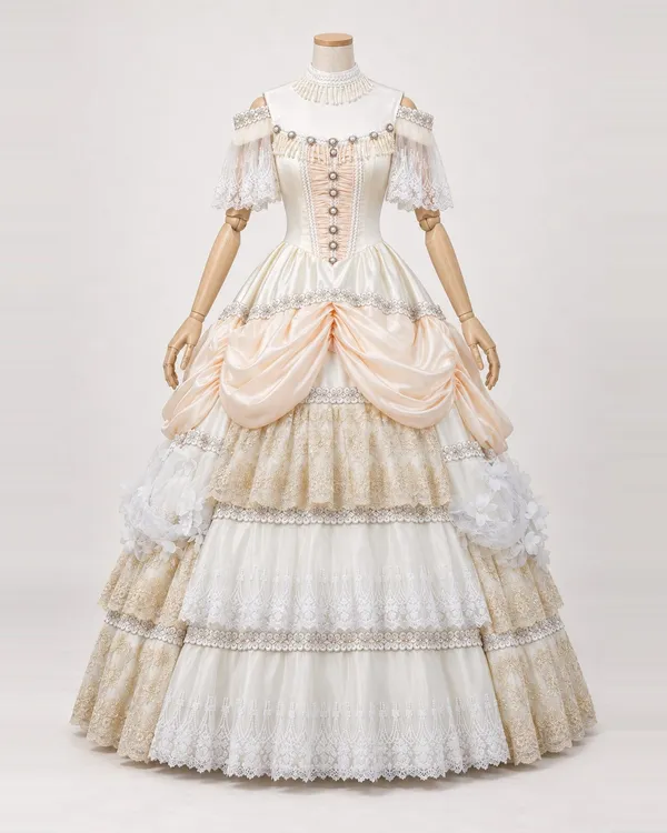 Églantine Nuptiale — White and Champagne Lace Gown with Floral Swags