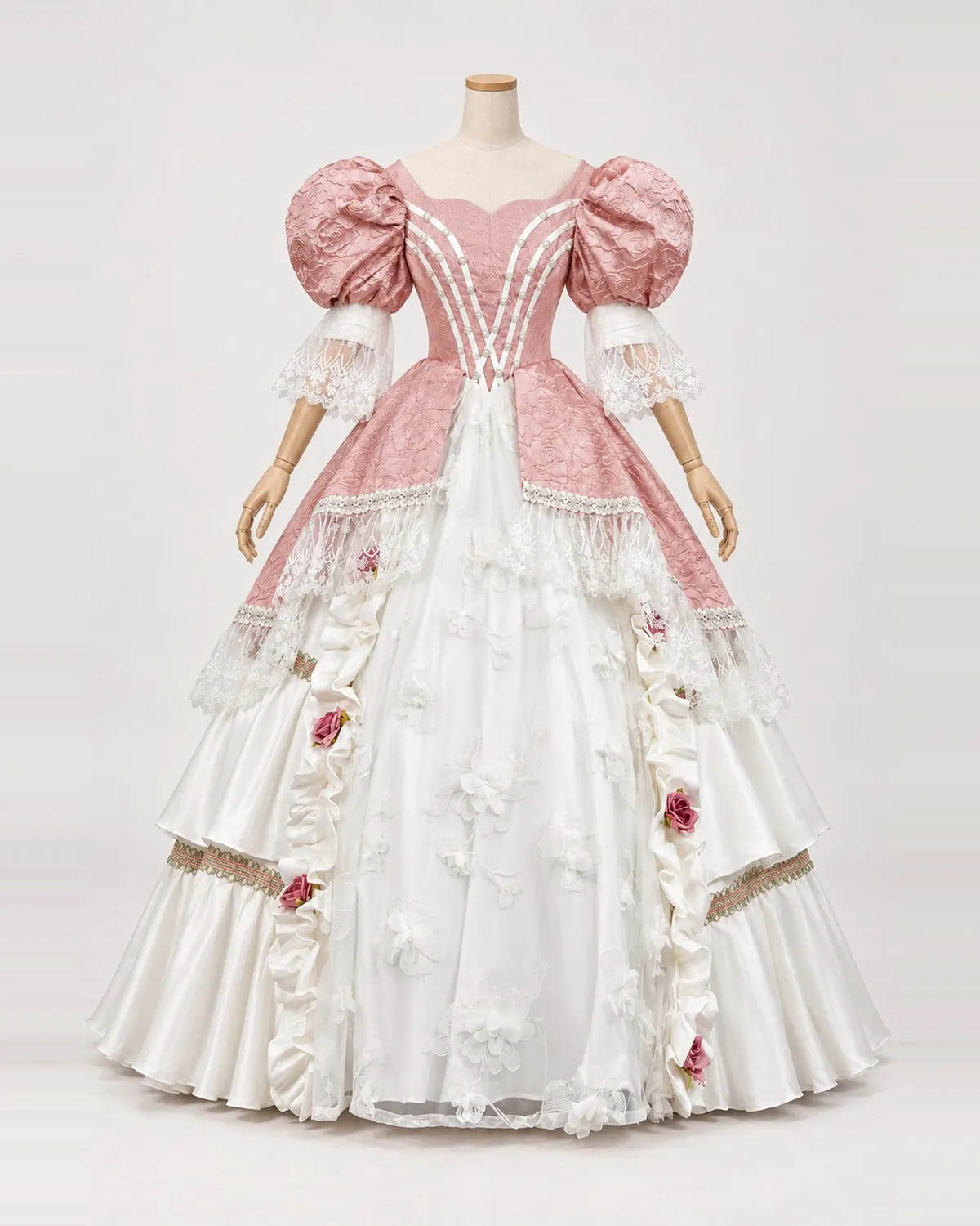 Églantine Tendre — Dusty Pink Floral Gown with White Blossom Overlay — shown on a mannequin, front product view