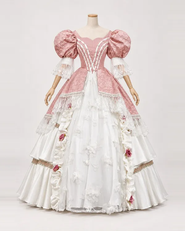Églantine Tendre — Dusty Pink Floral Gown with White Blossom Overlay