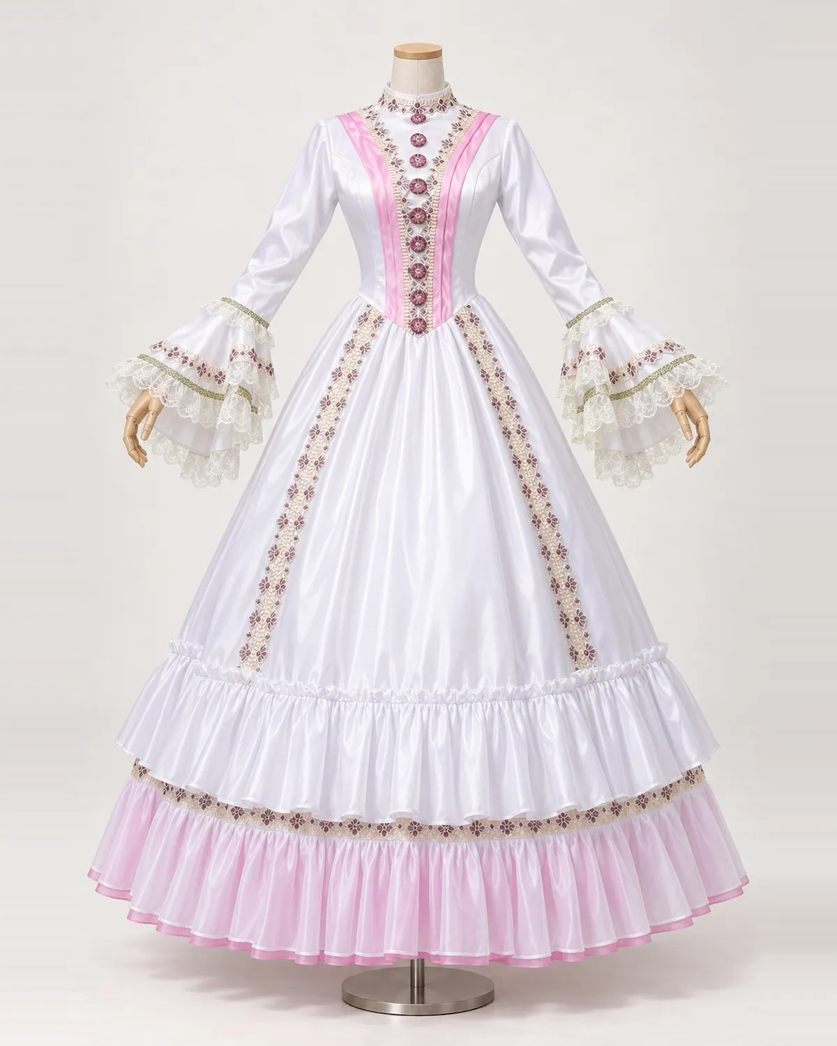 Églantine Blanche — White Satin-Look Gown with Pink Floral Trim — shown on a mannequin, front product view