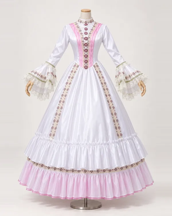 Églantine Blanche — White Satin-Look Gown with Pink Floral Trim