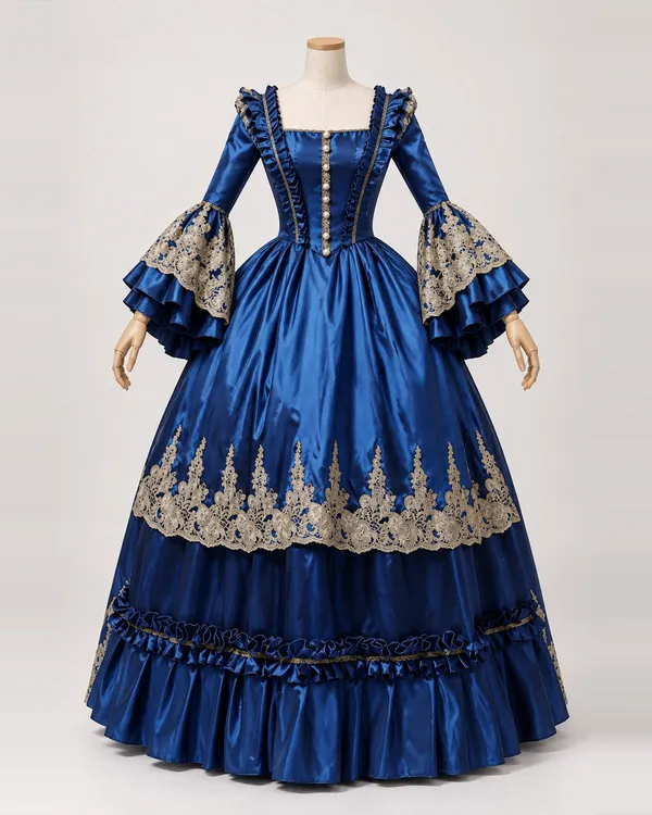 Saphir Solennel — Royal Blue Satin-Look Gown with Gold Lace